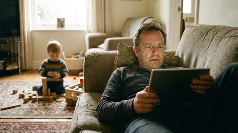 Comfy living room scene with man and child, casual home environment, relaxation, family bonding, leisure time.