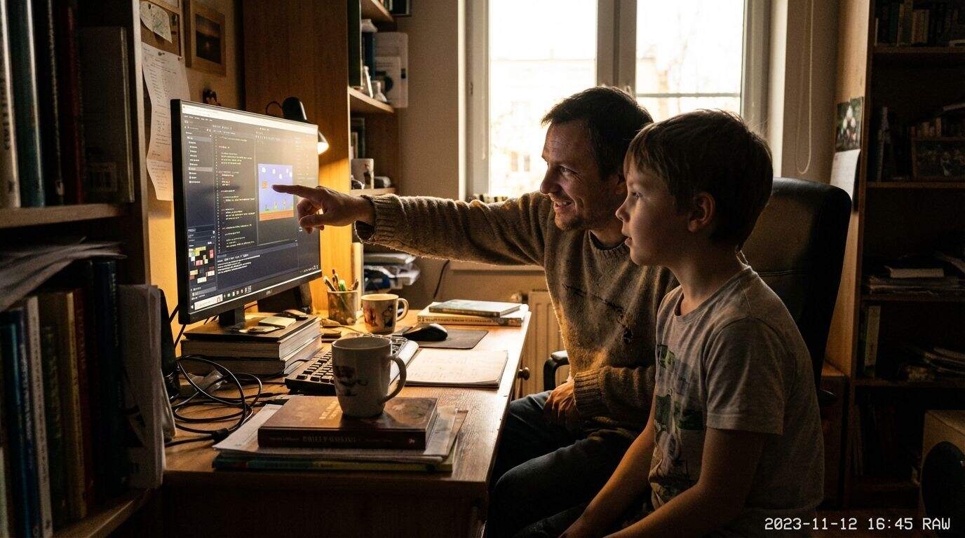 A father and son looking at a computer monitor together.