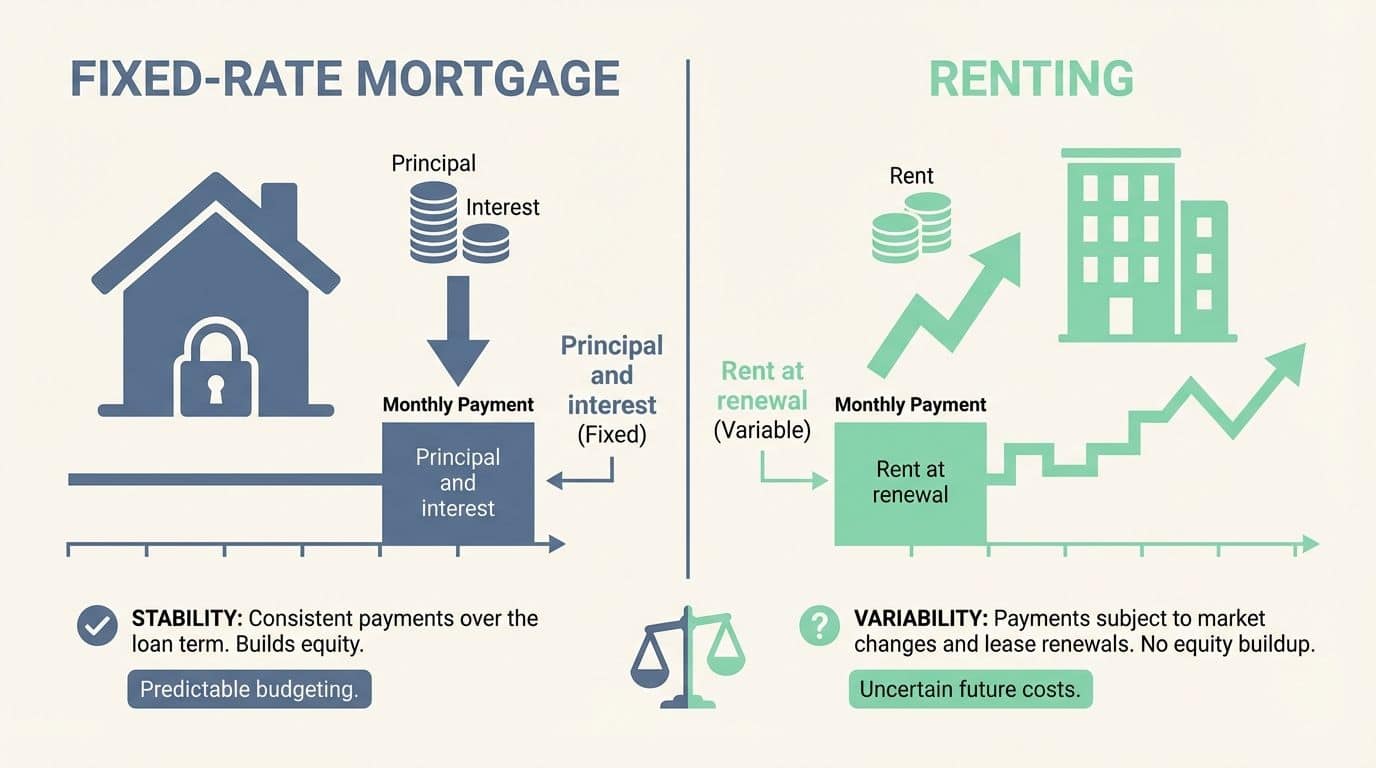 Comparison graphic showing the stability of a Fixed-rate mortgage versus the variability of Renting. Comparison graphic showing the stability of a Fixed-rate mortgage versus the variability of Renting.