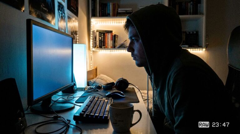 Young man focused on computer gaming or work in dark room with LED backlighting, bookshelf, and coffee mug, creating an atmosphere of late-night productivity or gaming session.
