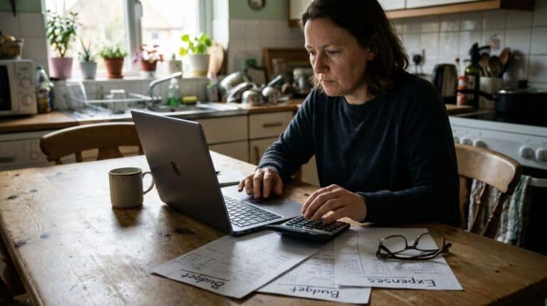 A woman sits at a wooden kitchen table surrounded by bills, calculator, and glasses, focused on managing household finances or paying bills in a cozy, home environment.
