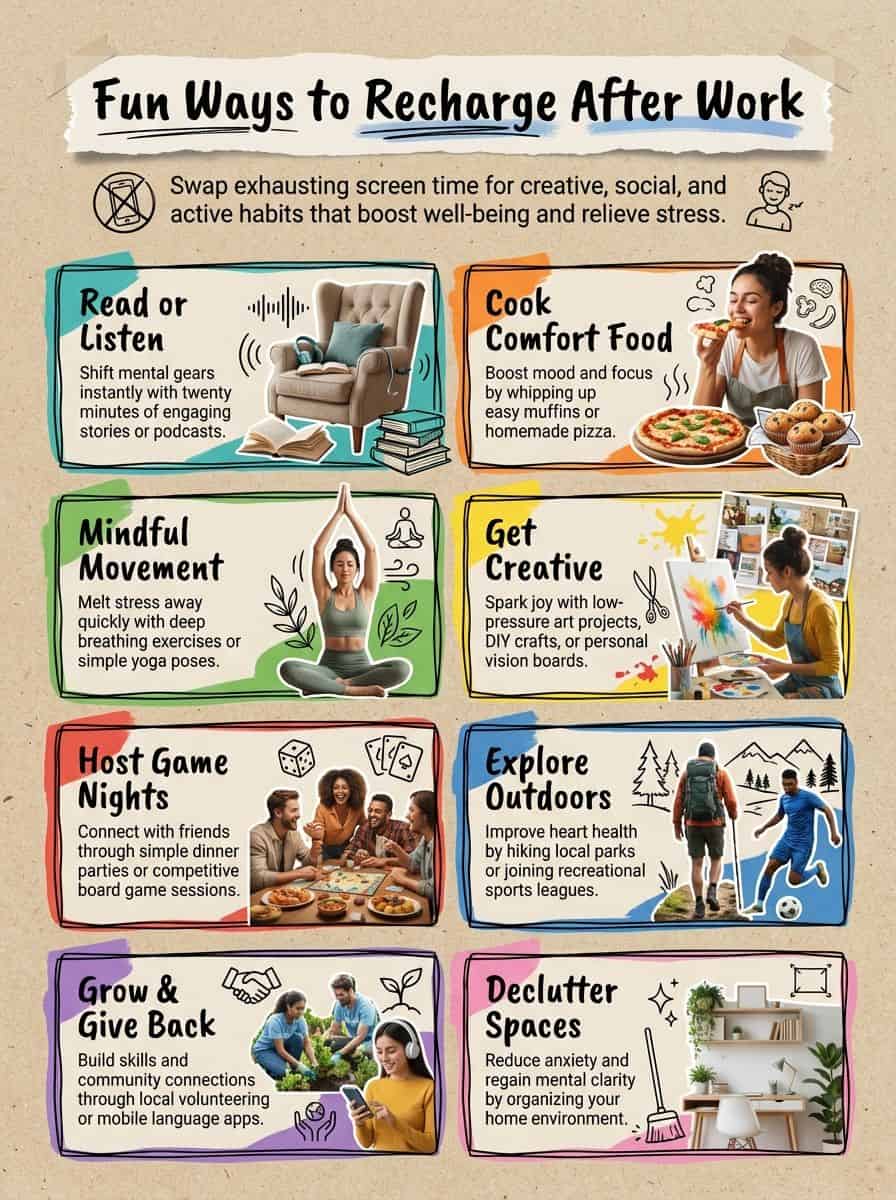 Fun Things To Do After Work: Creative and Social Ideas Relaxation, stress relief, self-care, leisure activities, mental health, stress management, wellness, work-life balance, personal well-being, self-improvement, recreational ideas.