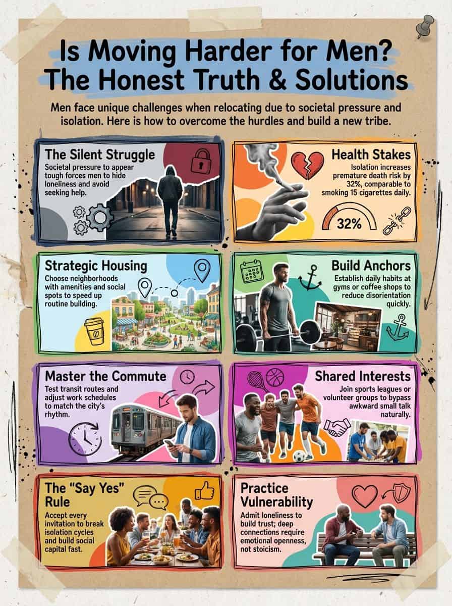 A detailed infographic on overcoming societal pressures, loneliness, and building resilience through strategies like strategic housing, community bonds, and embracing vulnerability to improve men's mental health.