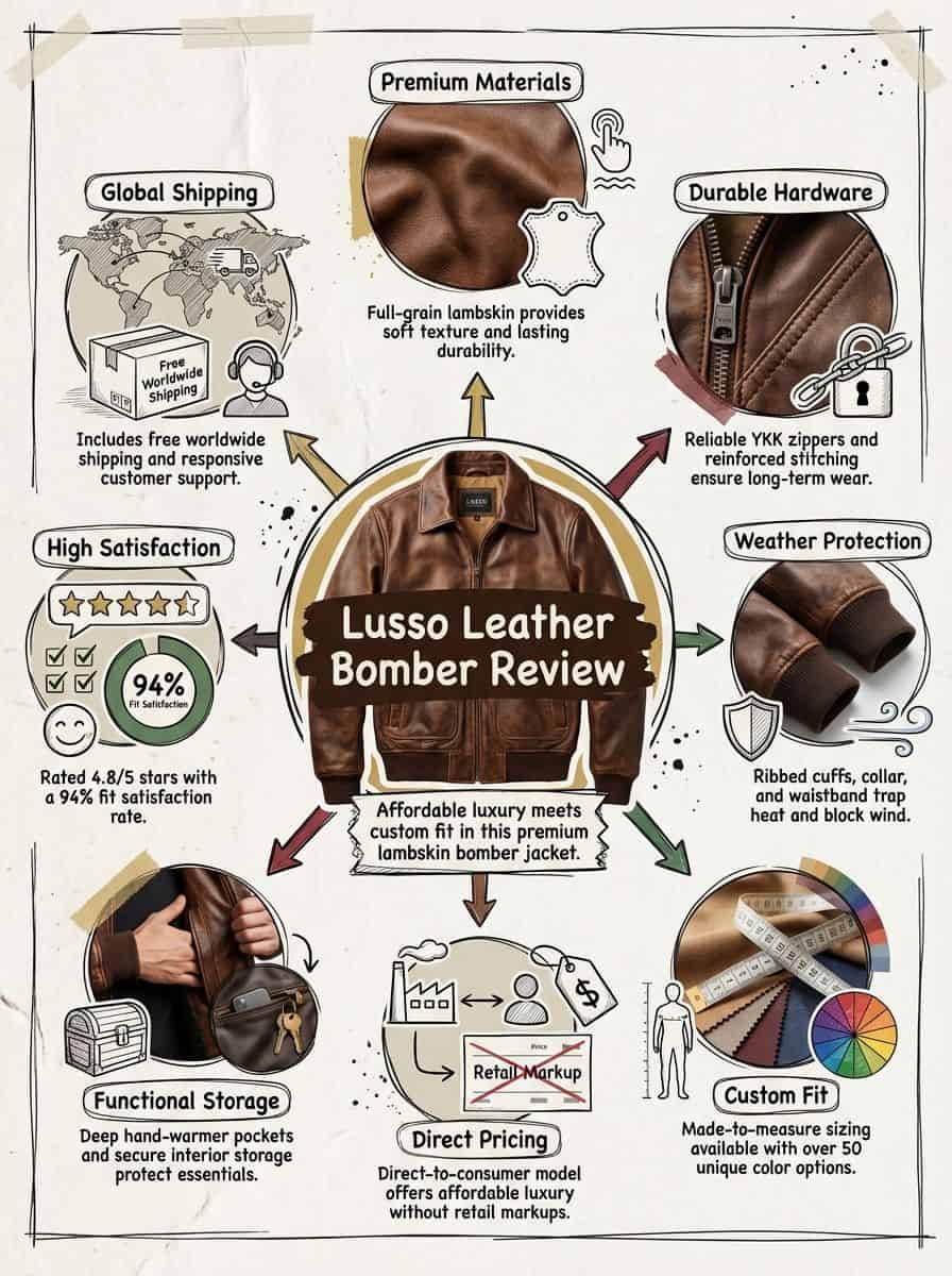Lusso Leather Black Bomber Style Ribbed Jacket Review Elegant brown lambskin leather bomber jacket designed for style and durability with premium materials and customizable fit. Perfect for men seeking a fashionable, high-quality outerwear option.