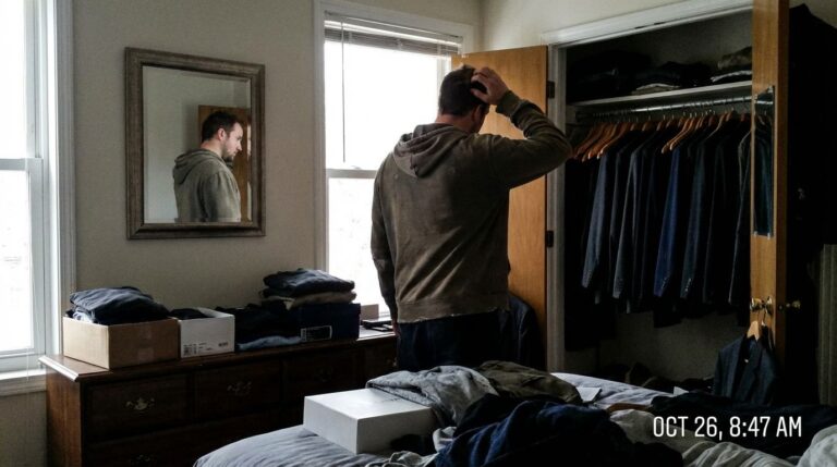 Reflecting on wardrobe organization, style choices, and clothing storage solutions for men.