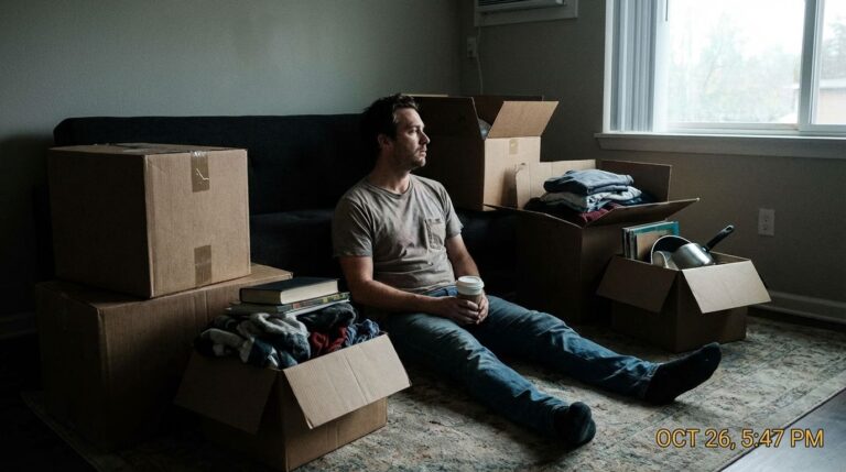 Sad man with boxes.