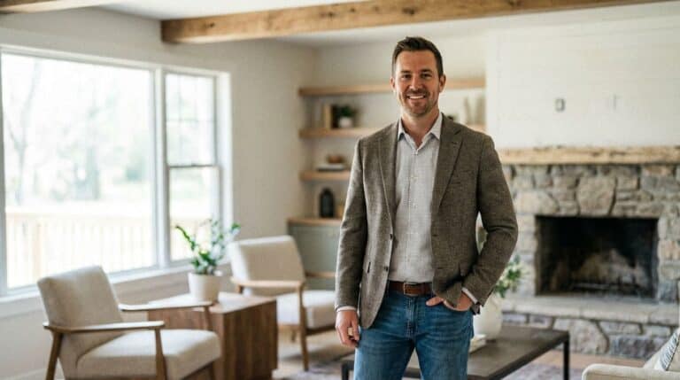 An attractive man dressed in business casual attire standing confidently in a modern, cozy living room with natural light, a stone fireplace, and stylish decor, embodying sophistication and contemporary style.