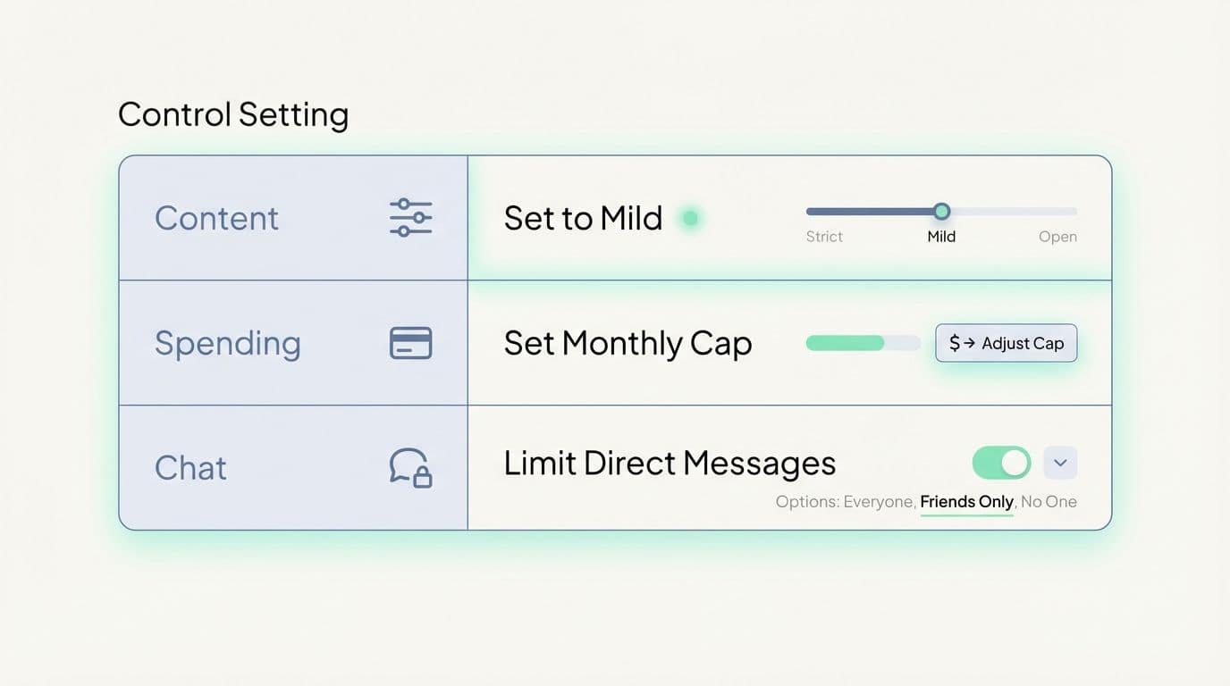 A clean infographic table showing Roblox parental control settings.