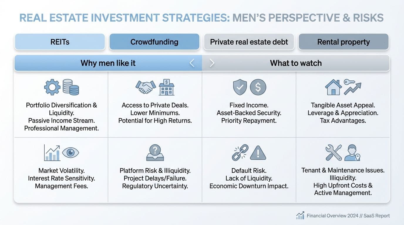Comparison chart of real estate income opportunities: REITs, Crowdfunding, Private Debt, and Rental Property. Comparison chart of real estate income opportunities: REITs, Crowdfunding, Private Debt, and Rental Property.