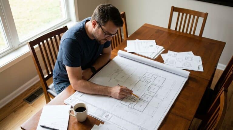 Architectural blueprint of a house on a wooden table with drafting tools and papers, featuring a man analyzing house plans, illustrating home construction or renovation planning, high-quality indoor shot.