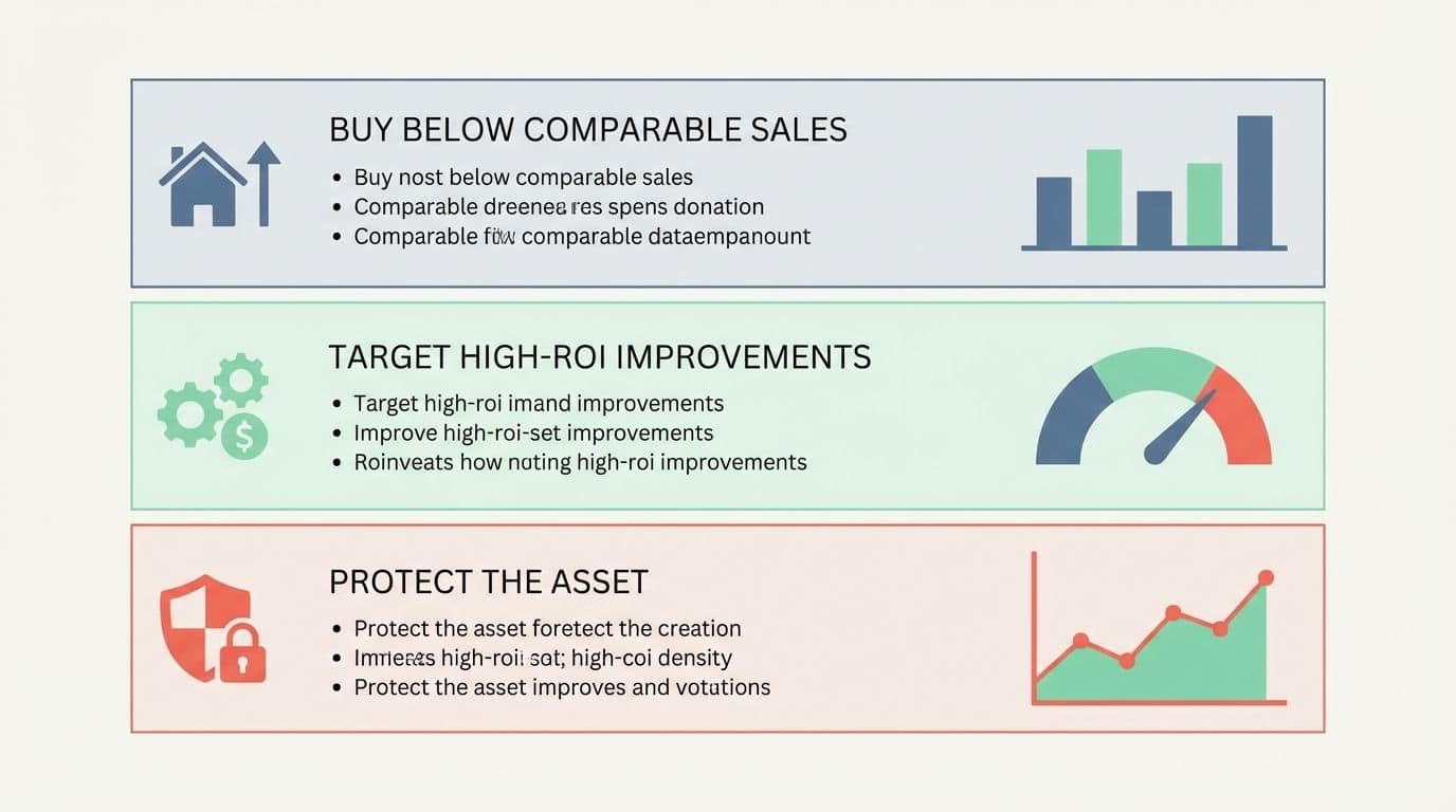 Chart outlining strategies for building wealth through real estate: Buying below comps, High-ROI improvements, and Protecting the asset. Chart outlining strategies for building wealth through real estate: Buying below comps, High-ROI improvements, and Protecting the asset.