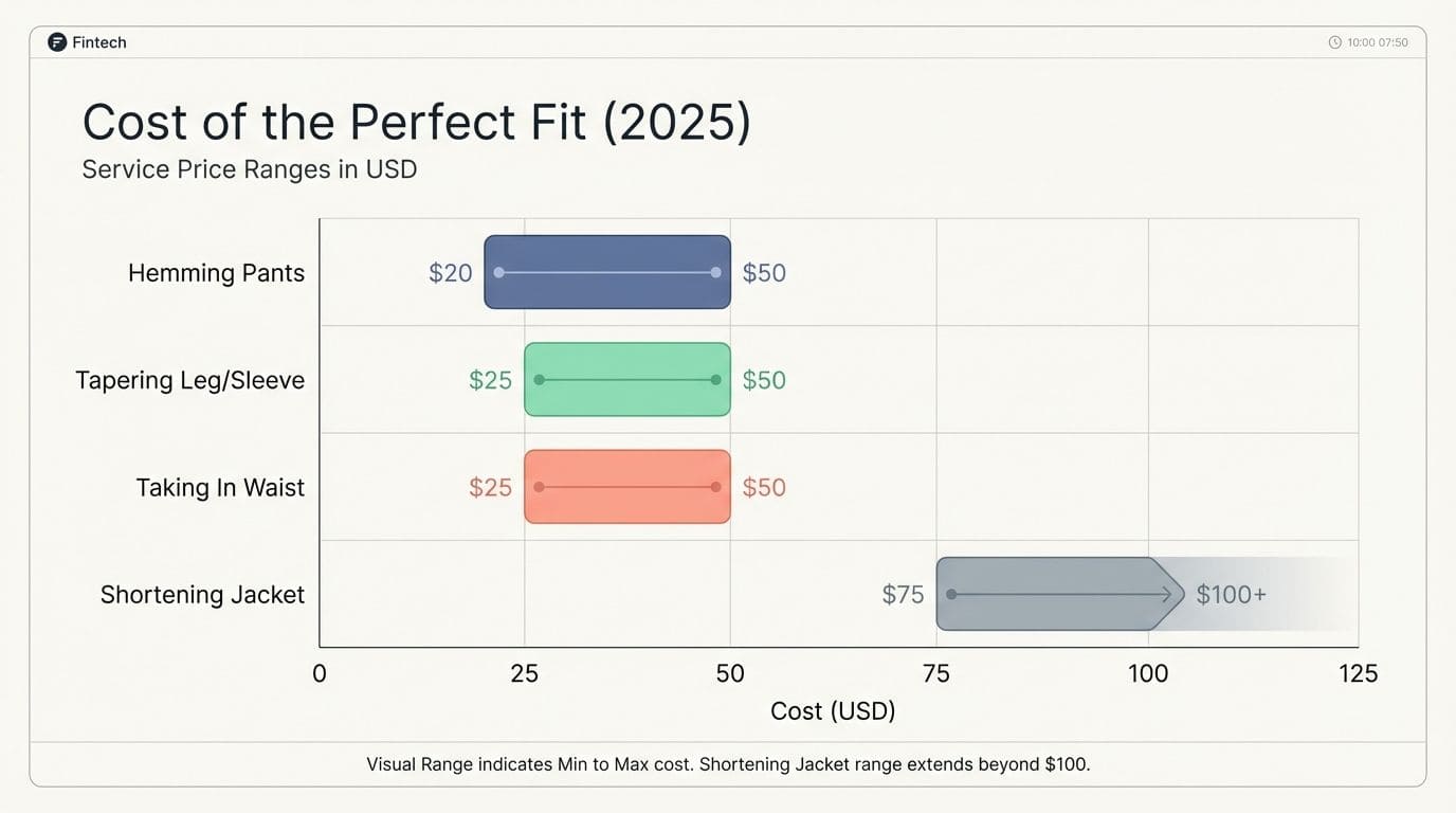 Bar chart displaying 2025 US average costs for suit alterations.