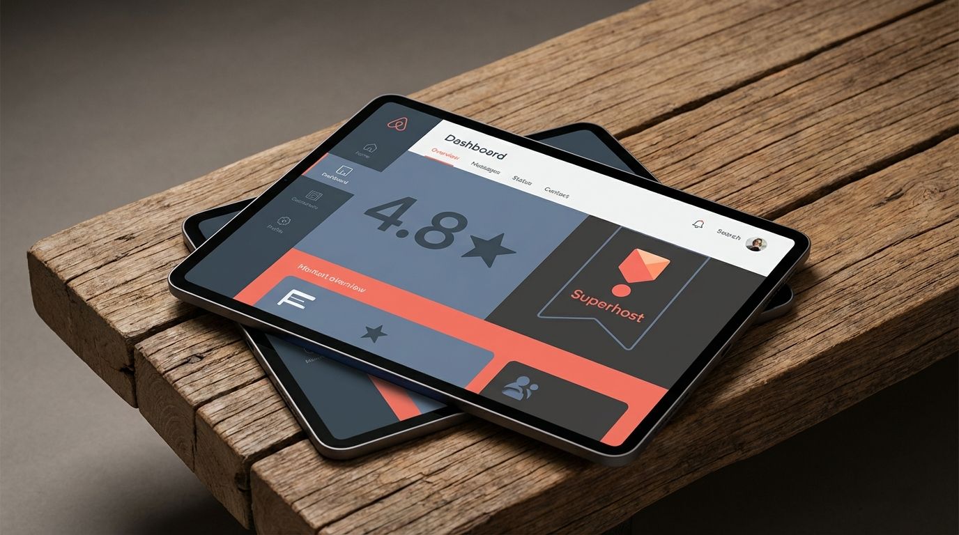 A tablet screen displaying a 4.8-star rating and Superhost status.