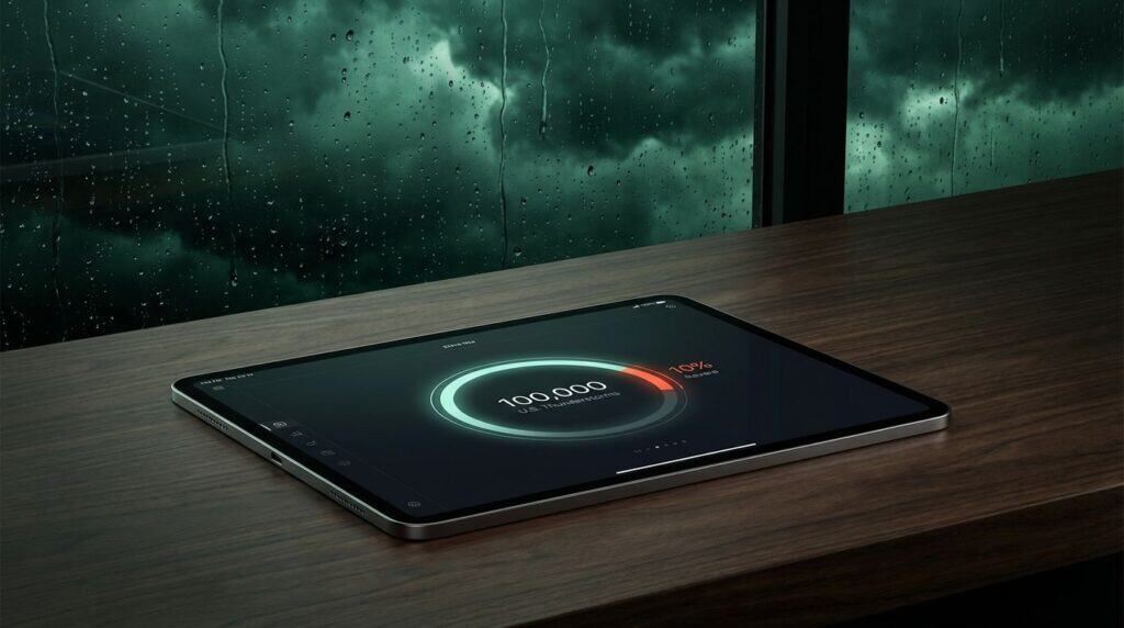 The driver navigating a vehicle through heavy rain and low visibility. Rainy window with storm clouds background, digital tablet on a wooden surface showing a goal progress app at 100,000 steps, highlighting motivation and achievement in fitness tracking.