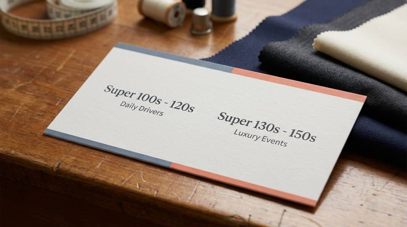 A guide card explaining Super 100s versus Super 150s wool grades. A guide card explaining Super 100s versus Super 150s wool grades.