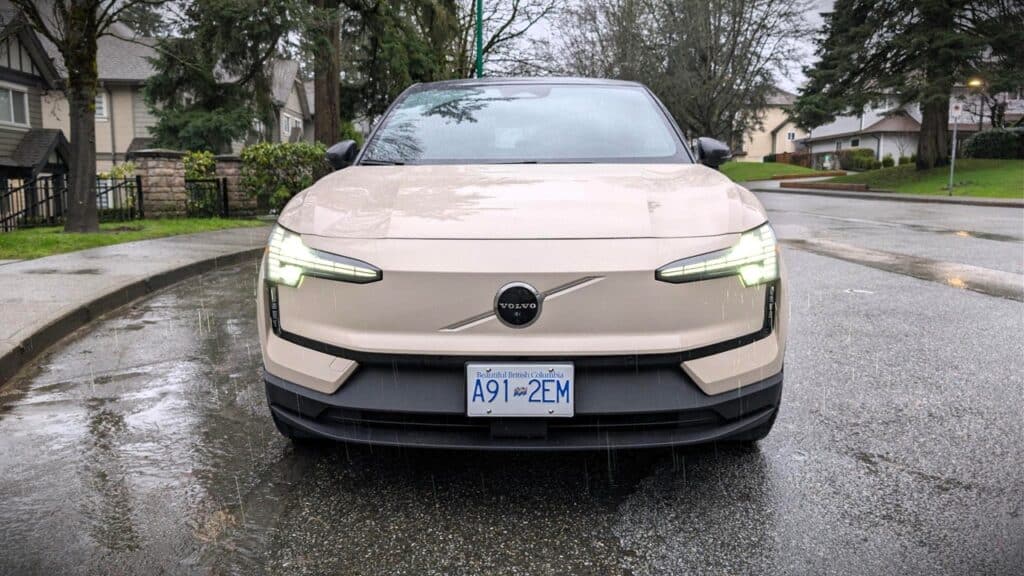 2026 Volvo EX30 Twin Motor Performance Ultra Review 2 Front view of the 2026 Volvo EX30 Twin Motor showcasing sleek design and advanced lighting features.