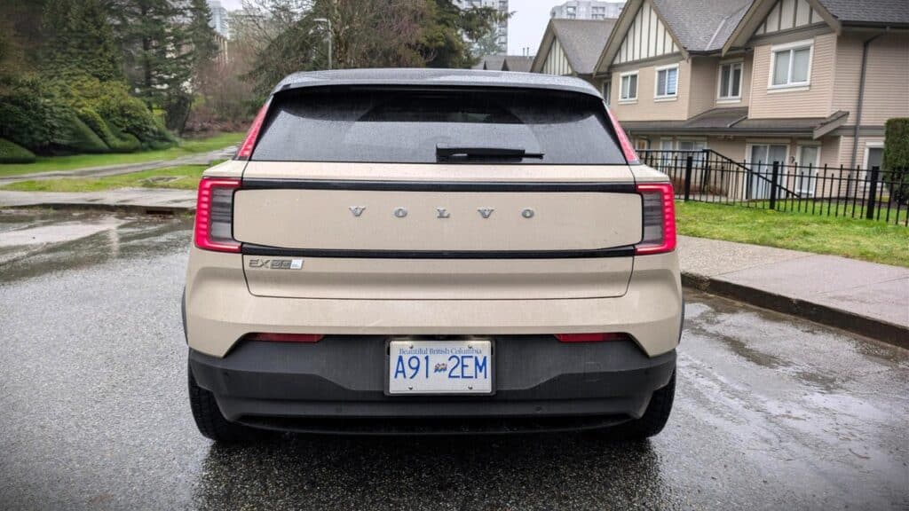 2026 Volvo EX30 Twin Motor Performance Ultra Review 10 Rear view of the 2026 Volvo EX30 Twin Motor electric SUV parked outdoors.