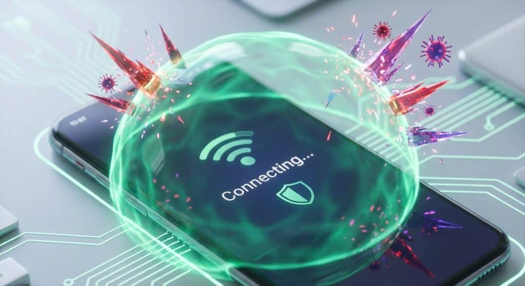 Illustration of a smartphone with a digital shield and virus icons, emphasizing the importance of secure public Wi-Fi connections and cybersecurity.