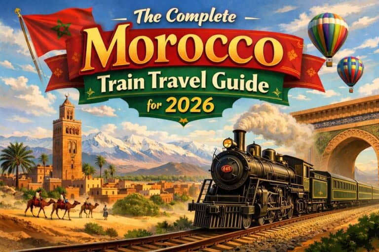 Illustration of a vintage steam train traveling through Moroccan landscapes with mountains, desert, and historic architecture, promoting Morocco train travel for 2026.