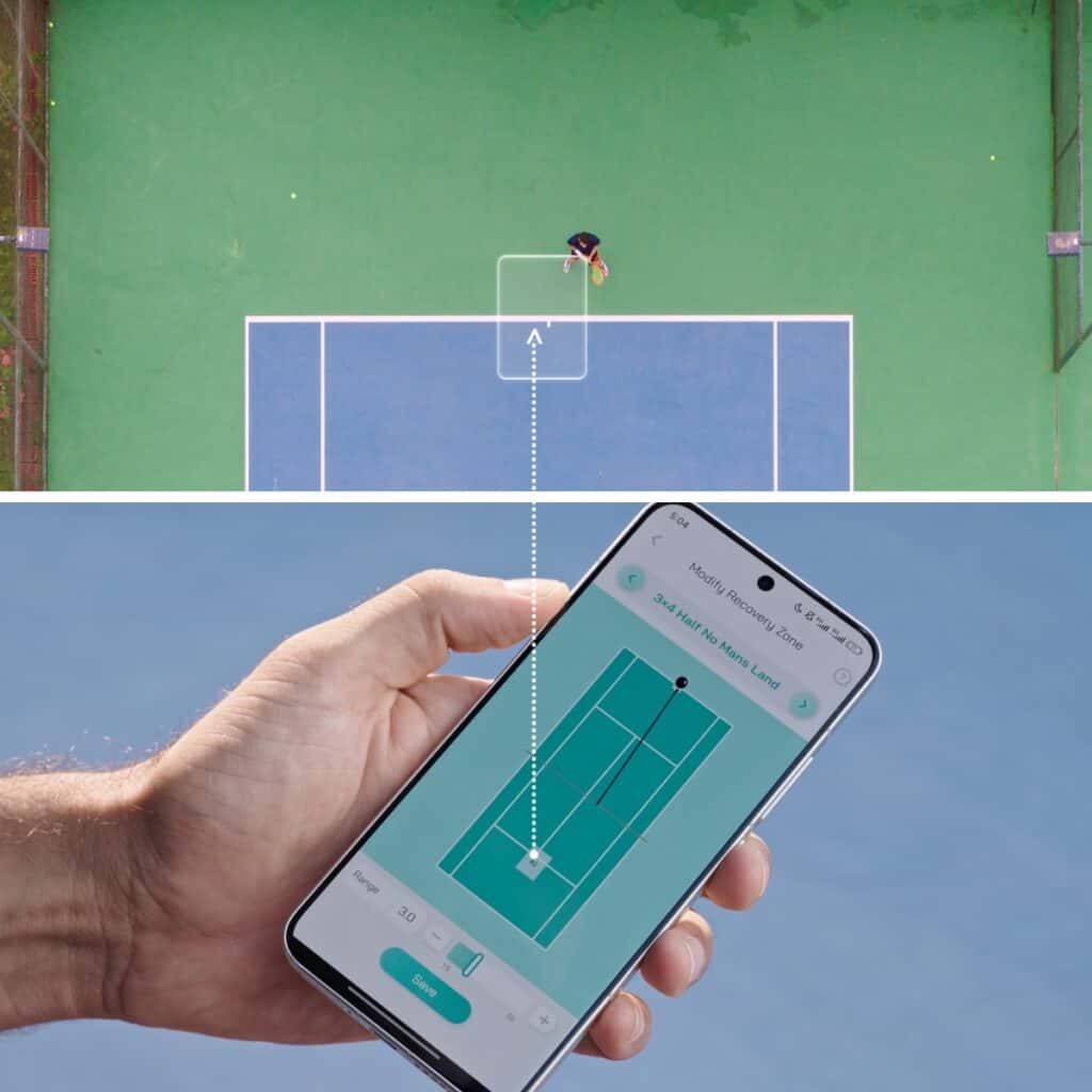 Pongbot Pace S Pro - The AI-Powered Tennis Coach 5 Hand holding smartphone analyzing a tennis court layout with a mobile app, showing strategic positioning and game data for improved performance.