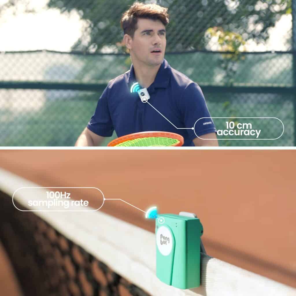 Pongbot Pace S Pro - The AI-Powered Tennis Coach 3 Tennis sensor attached to player's racket with 10 cm accuracy and 100Hz sampling rate for enhanced game analysis.