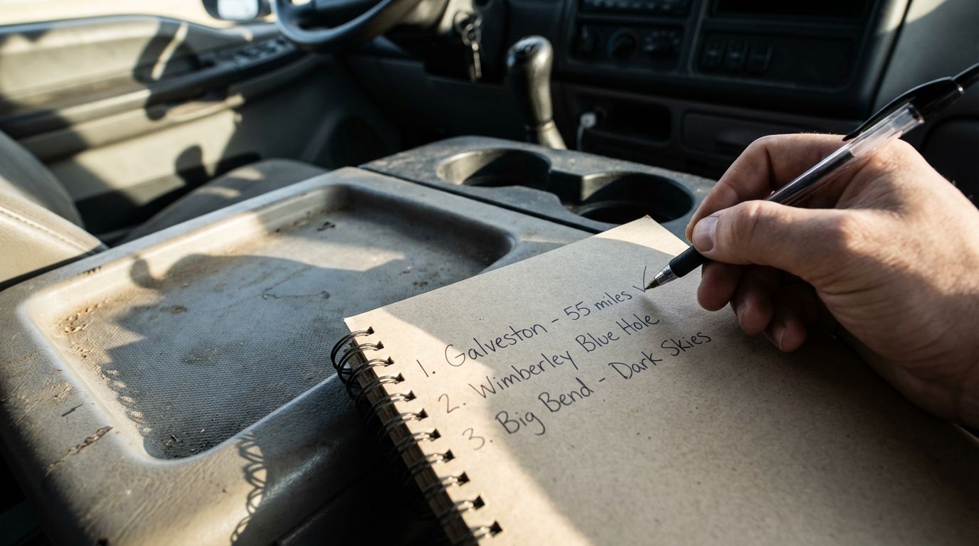 Close-up of a person writing travel notes on a notepad inside a vehicle, with a dusty dashboard, during a road trip from Houston.