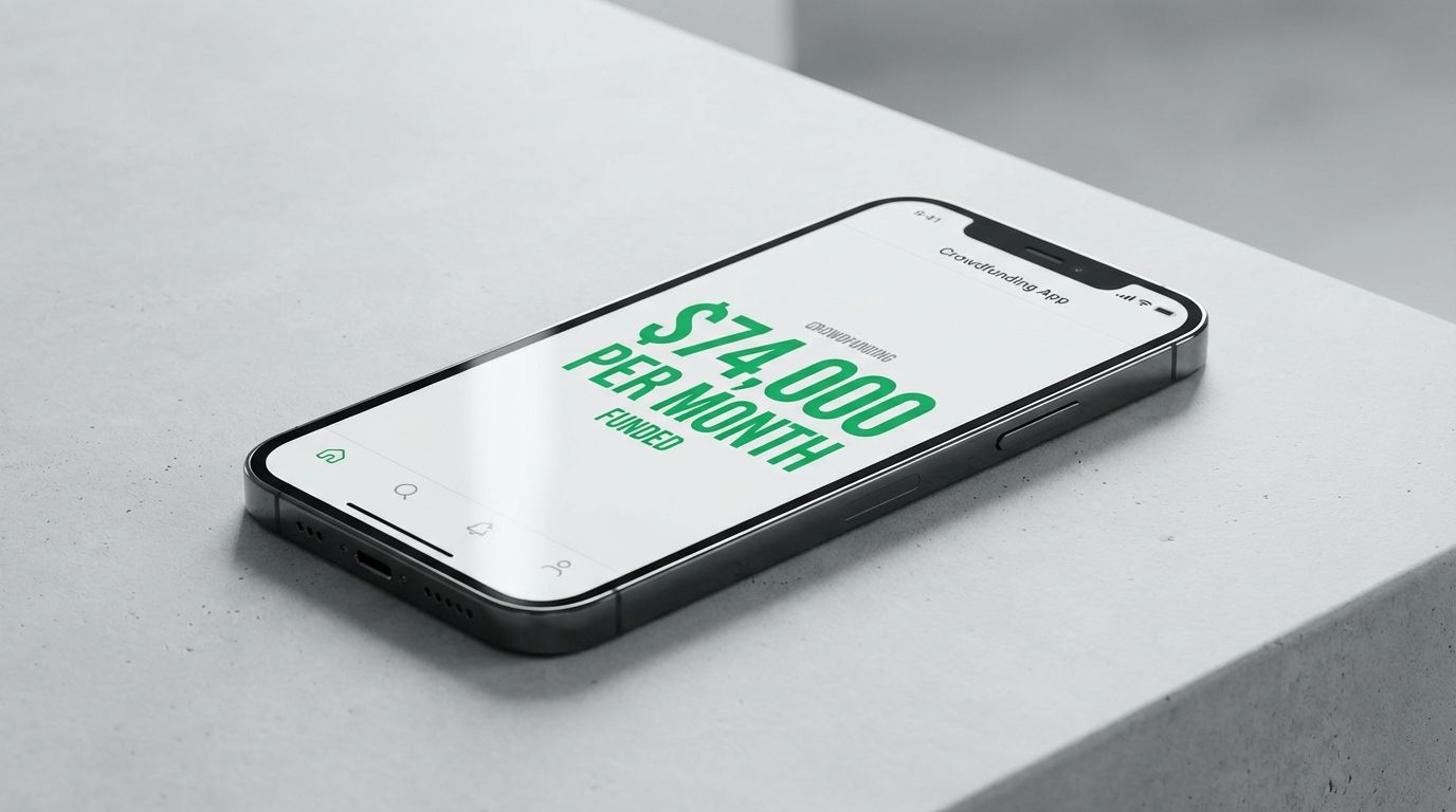 Smartphone screen displaying a crowdfunding monthly income of $74,000.