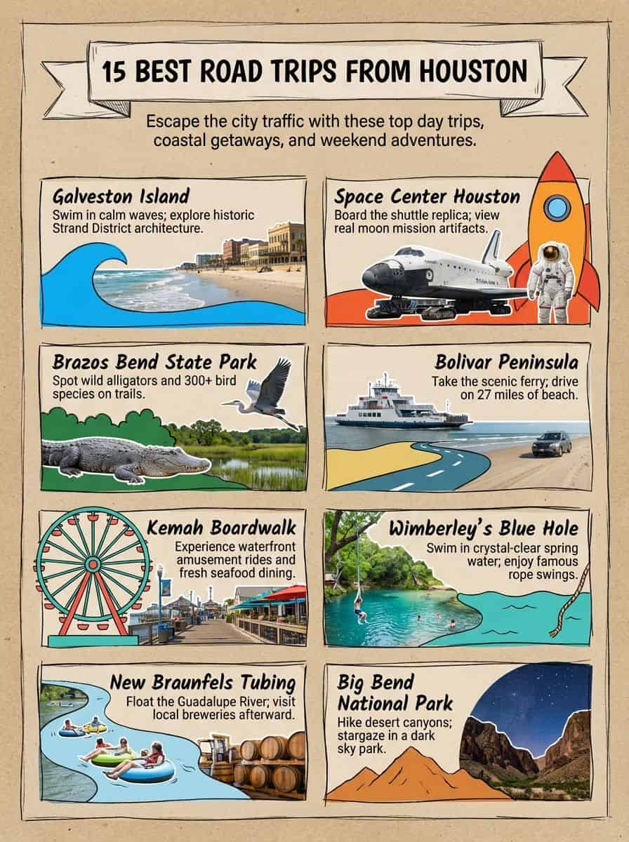 Scenic road trip destinations near Houston for weekend getaways and day trips.