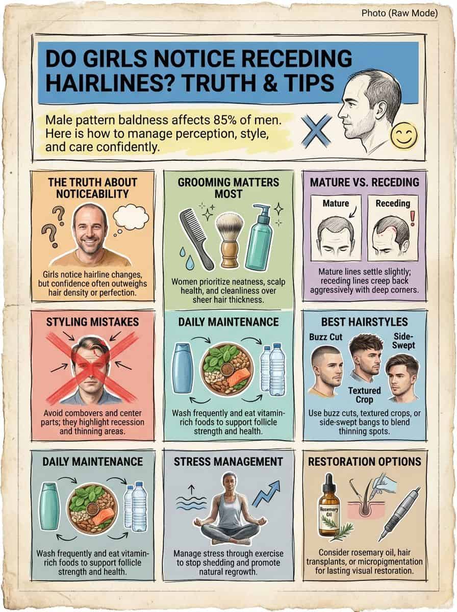 Informative infographic on hairline receding, styling tips, grooming, and maintenance for men concerned about hair loss and appearance.