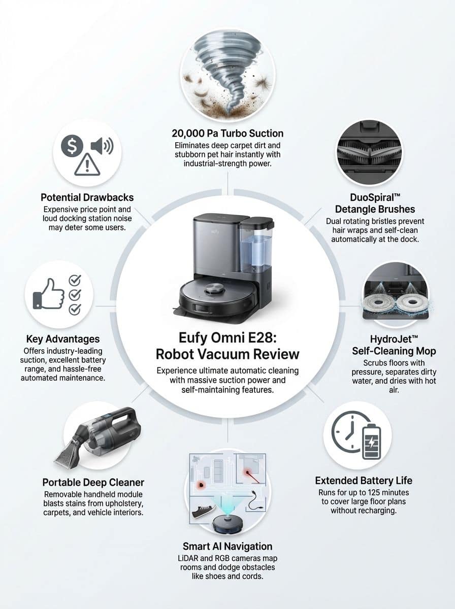 Eufy Omni E28 robot vacuum showcasing advanced cleaning features and sleek design for efficient home cleaning.