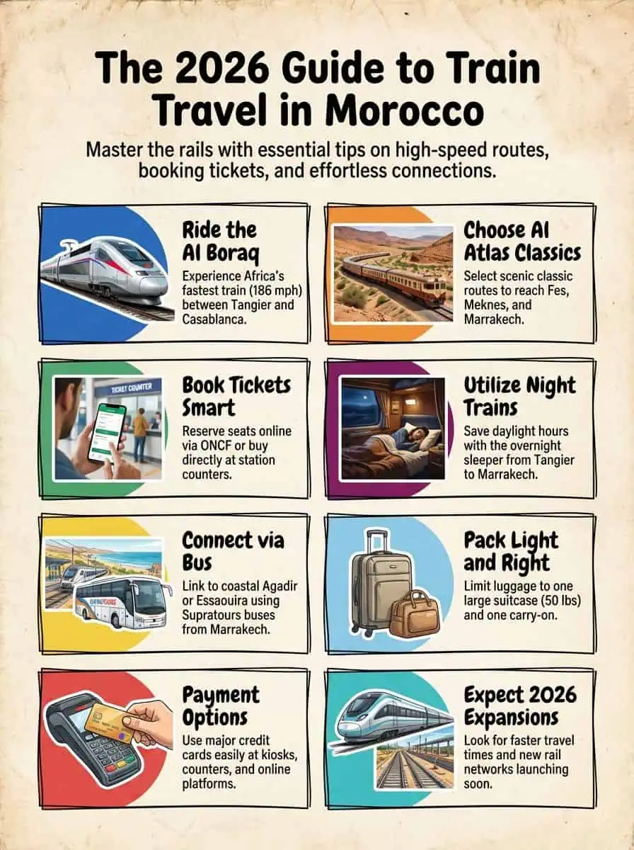 Guide to Morocco train travel with tips on routes, tickets, and connections for 2026.