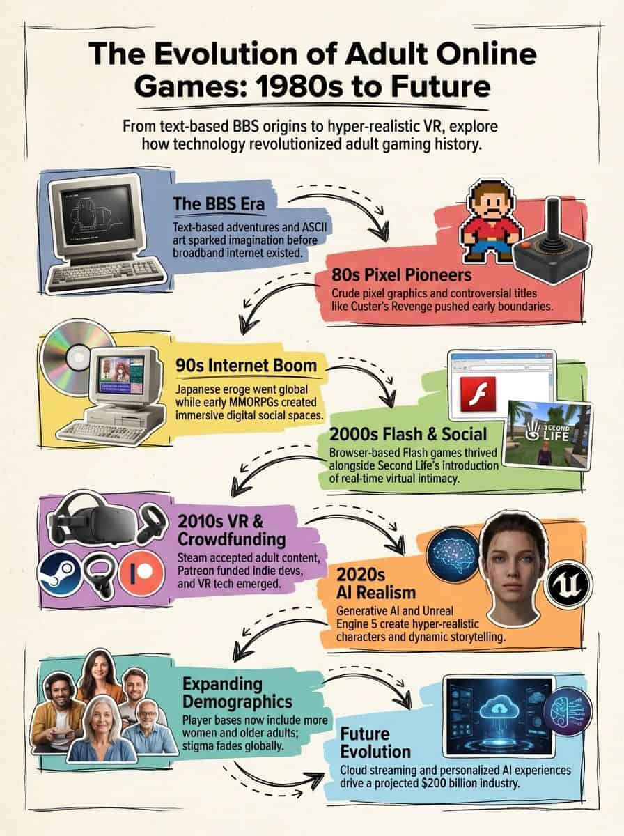 A timeline illustration showcasing the history of adult online games from the 1980s to the future, highlighting key technological advancements like BBS, VR, social media, and AI realism.