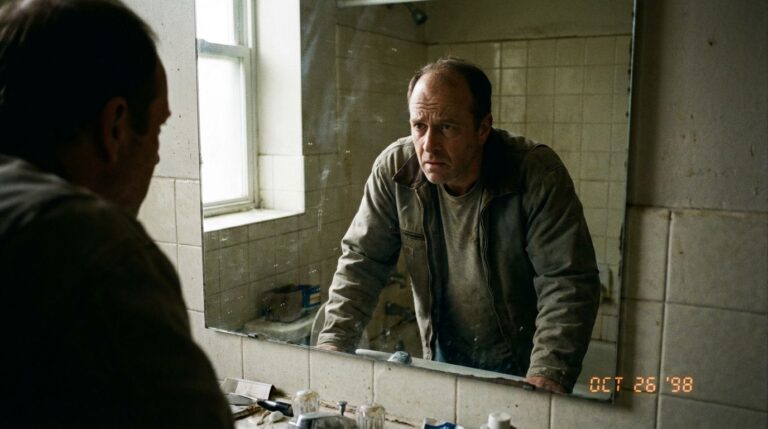 Man looking at his reflection in a bathroom mirror with a serious expression, emphasizing themes of self-reflection and personal growth.