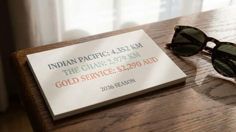 Travel ticket displaying Indian Pacific route distances and gold service cost, placed on a wooden surface with sunglasses, evoking luxury train travel in Australia.