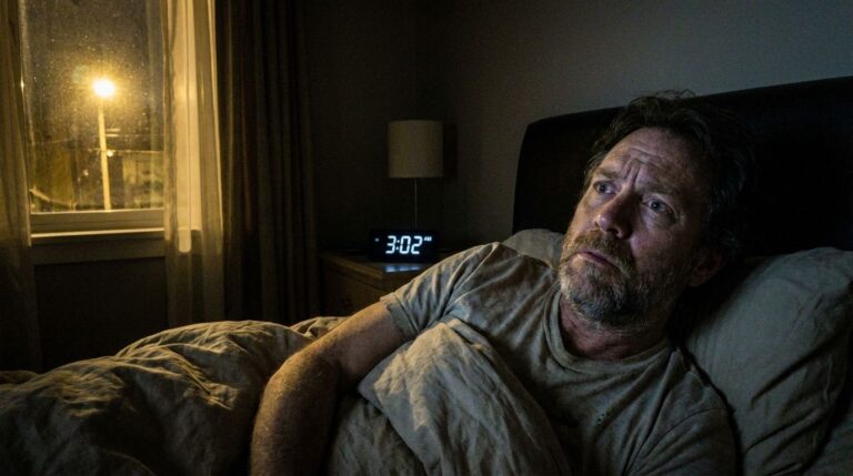 An unshaven man lying in bed, looking worried while watching TV in a dimly lit bedroom at night. The digital clock shows 3:02 AM, indicating late-night insomnia or restlessness.