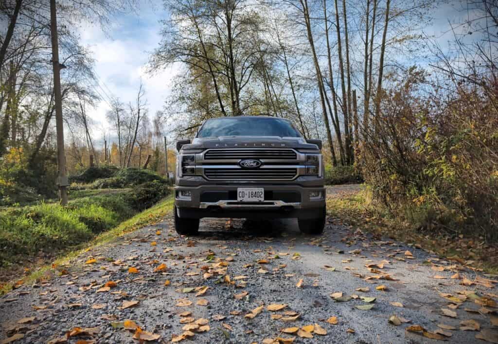 Enhanced image of the 2026 Ford F150 SuperCrew Platinum Hybrid parked on a leaf-covered forest trail, showcasing its modern design and rugged capability. Perfect for outdoor adventures and off-road dr.