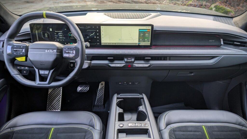 High-tech Kia EV9 GT dashboard with digital displays and modern controls.