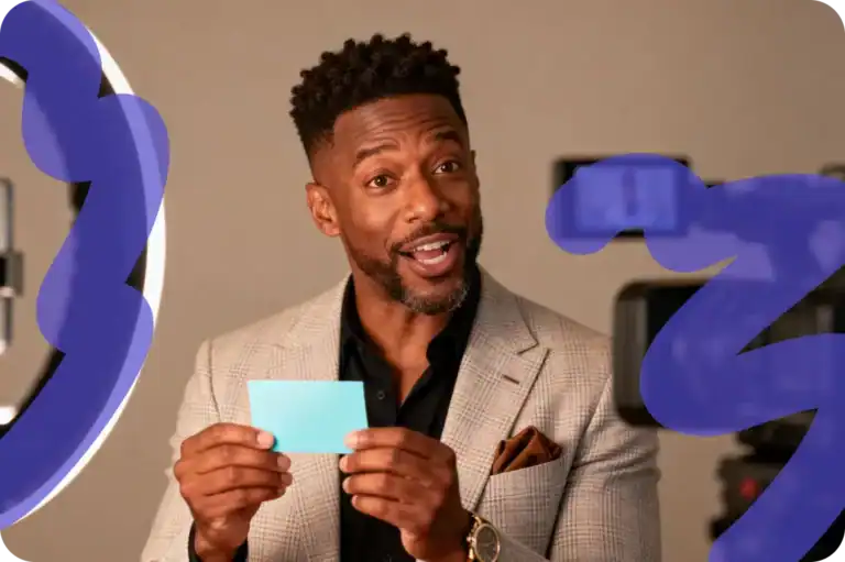 AI video watermark remover tool demonstration with a man holding a card, discussing its effectiveness.