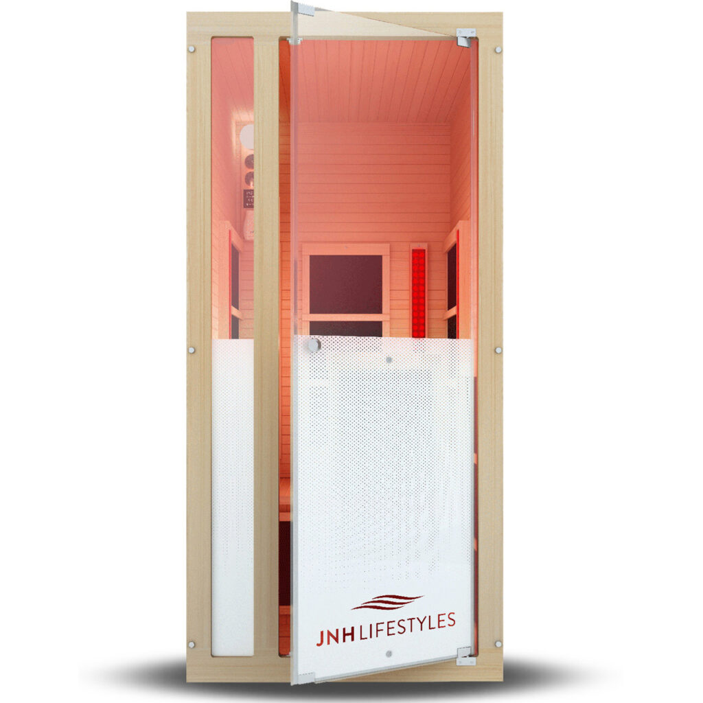 Compact infrared sauna with red light therapy for health benefits, featuring a wooden frame and glass door, ideal for relaxation and skin rejuvenation.
