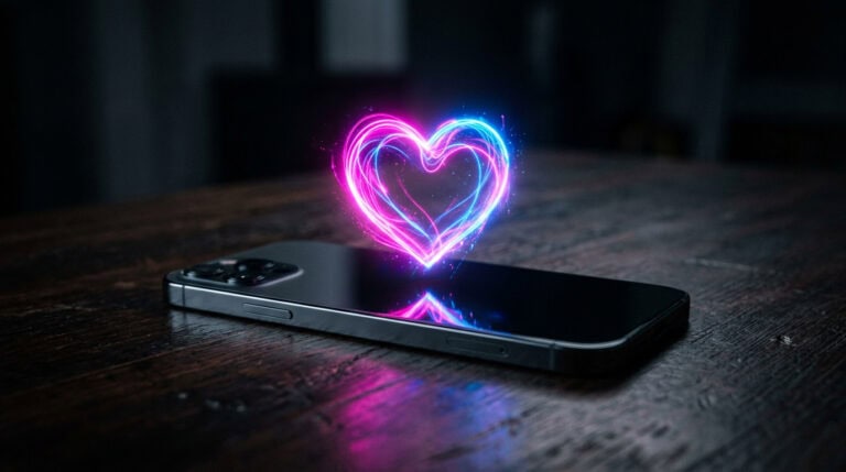 Modern smartphone on a wooden surface with a vibrant neon heart light floating above, symbolizing love and technology connection.