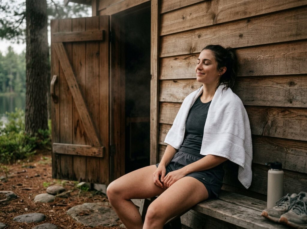 Woman sitting peacefully outside a wooden sauna, enjoying the benefits of infrared heat for relaxation and recovery.