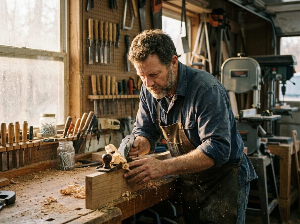 A man with a beard working on a wooden project in a woodworking shop, surrounded by tools and wood shavings, demonstrating craftsmanship and patience.