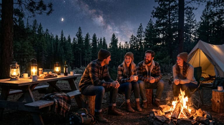 Group of friends enjoying a campfire at night under a starry sky with tents and lanterns, creating a warm and inviting outdoor camping scene.