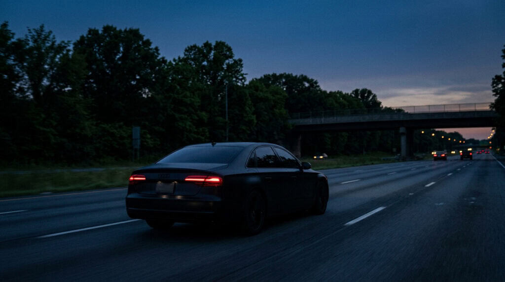 Black sedan driving on a highway at night, illustrating car color safety considerations for accident prevention.