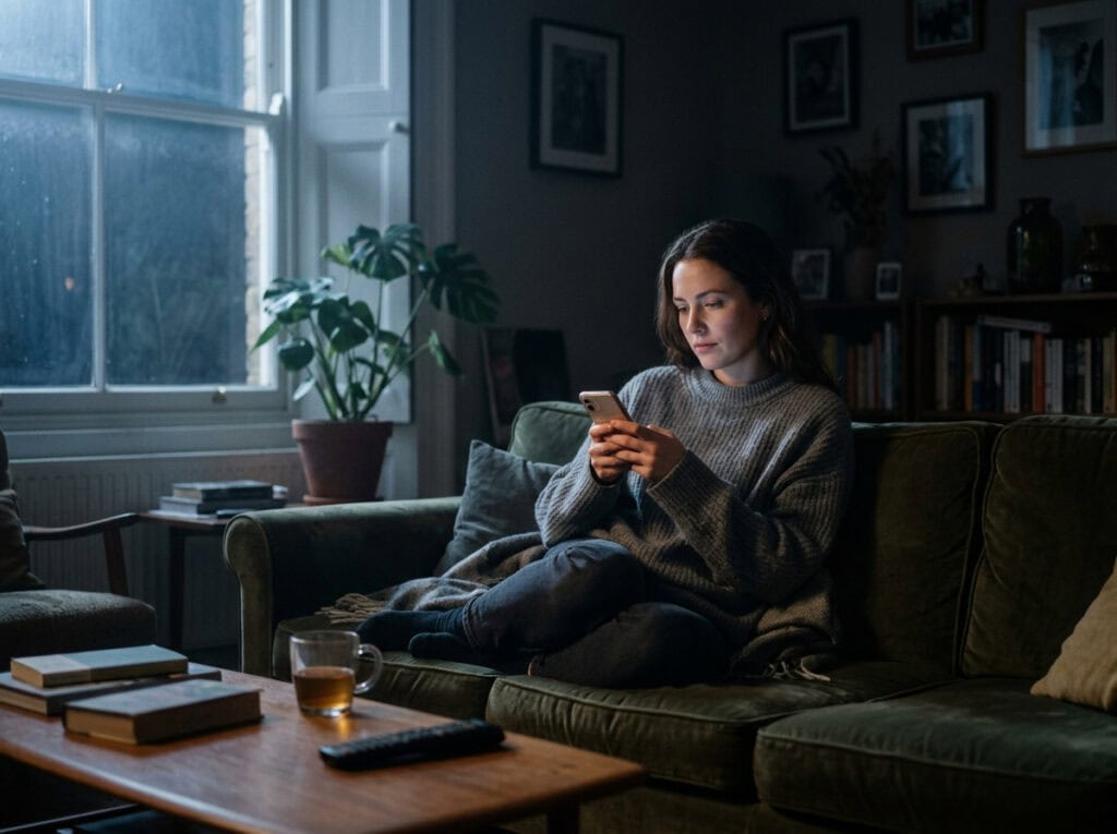 Is a DUI Embarrassing? Surviving the Emotional Fallout 4 Woman sitting on a sofa, looking at her phone in a dimly lit living room, illustrating emotional reflection and recovery after a DUI incident.