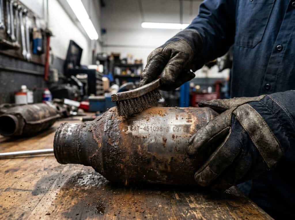 Catalytic Converter Scrap Prices: What Buyers Look For 2 Technician cleaning a rusty catalytic converter for scrap recycling, focusing on metal restoration and value assessment.