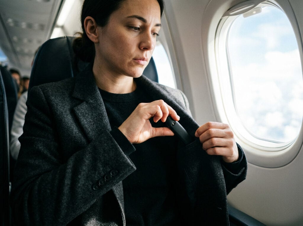 Woman discreetly vaping with a portable device inside an airplane cabin, demonstrating stealth vaping techniques for travelers.
