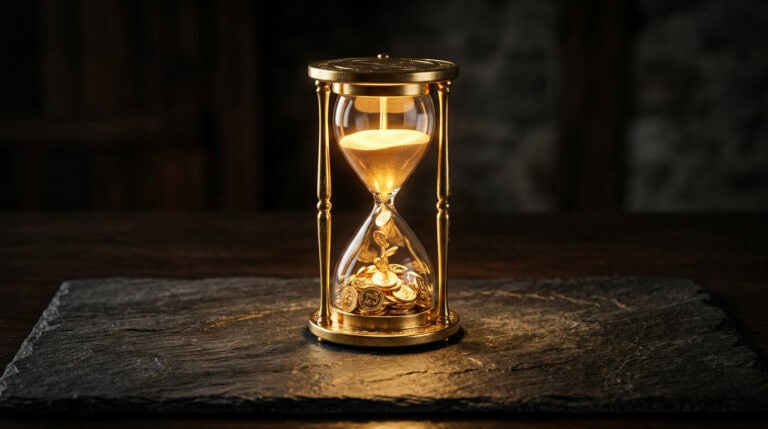 An elegant hourglass with golden sand symbolizing the importance of early investing and the power of compound interest to grow wealth over time.