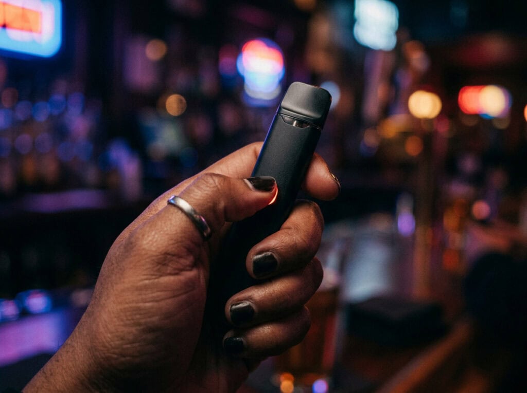 Vape device held in hand, suitable for discreet vaping, with a blurred bar background emphasizing stealth vaping. Perfect for those seeking a covert way to enjoy vaping in social settings.