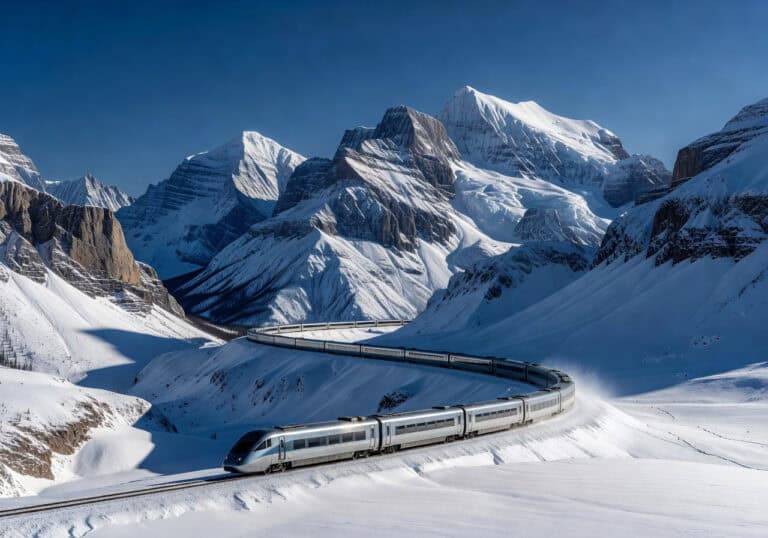 Train traveling through snow-covered mountainous landscape in Canada, showcasing scenic views and the journey across rugged terrain.